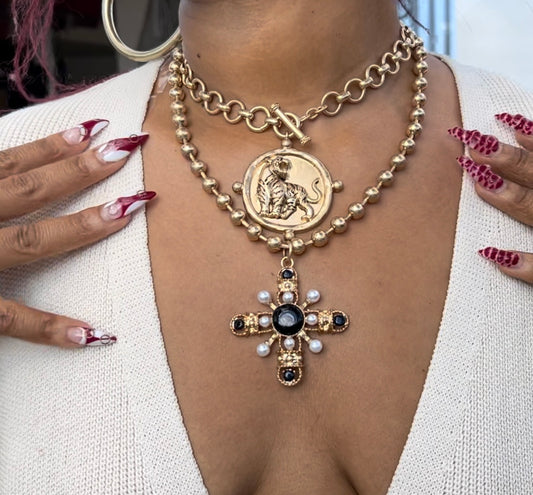Black & Pearl Cross Necklace